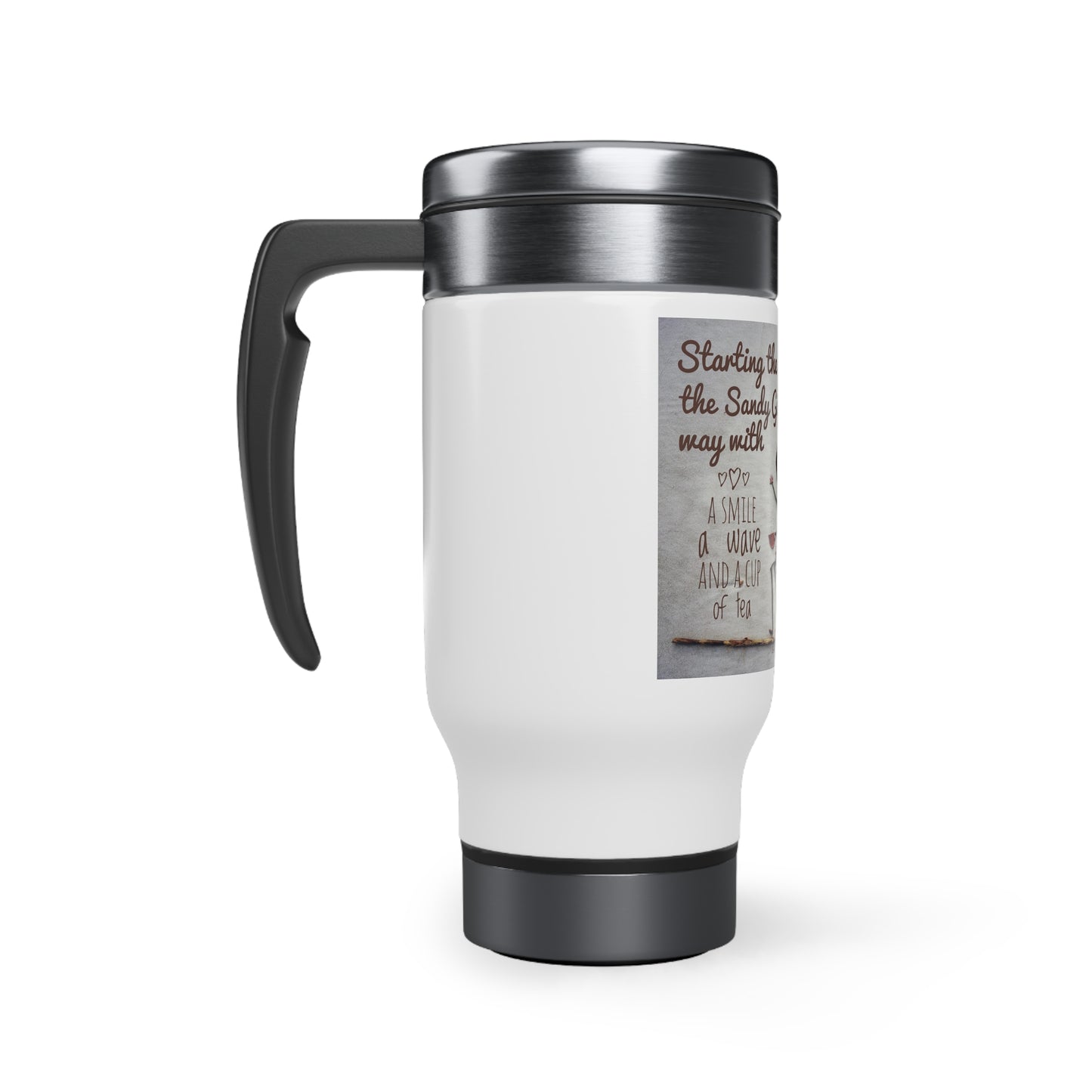 Start your day the Sandy Girl Way Stainless Steel Travel Mug with Handle, 14oz